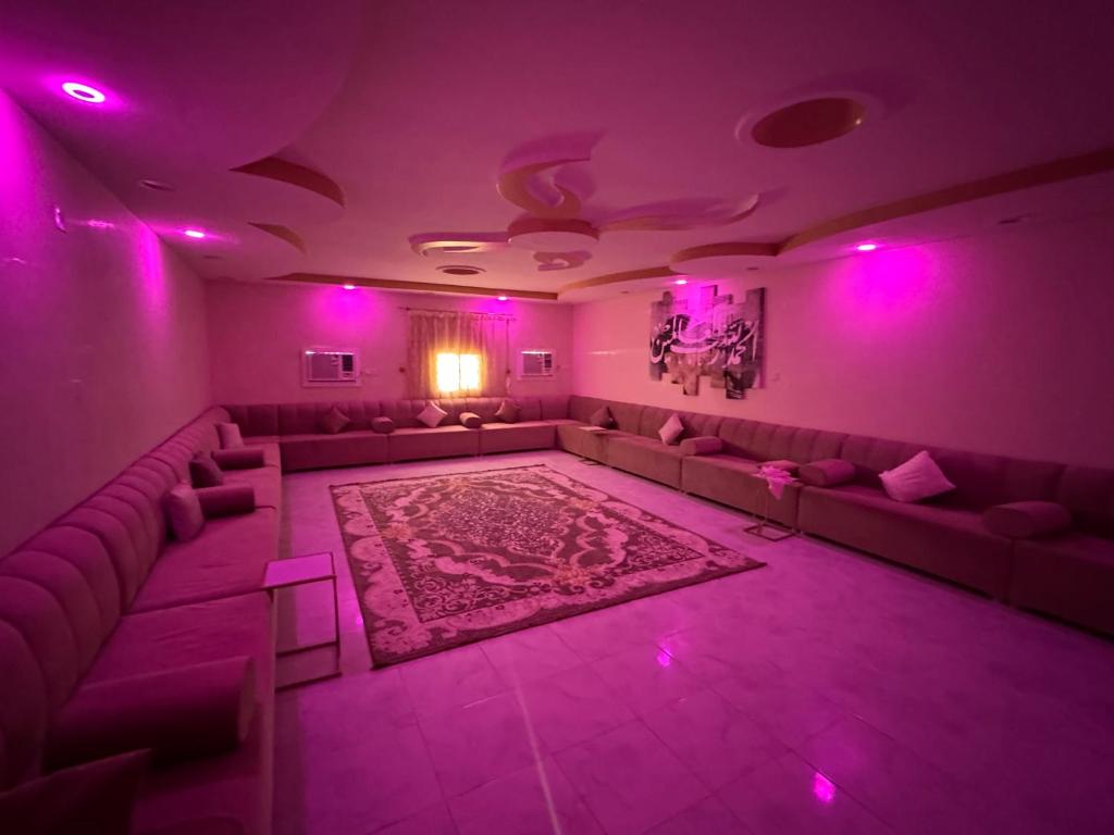 Ḑubāشاليه مجهز بالكامل مسبح وملعب و حديقه هادئه بضباء的带沙发和粉红色灯的客厅