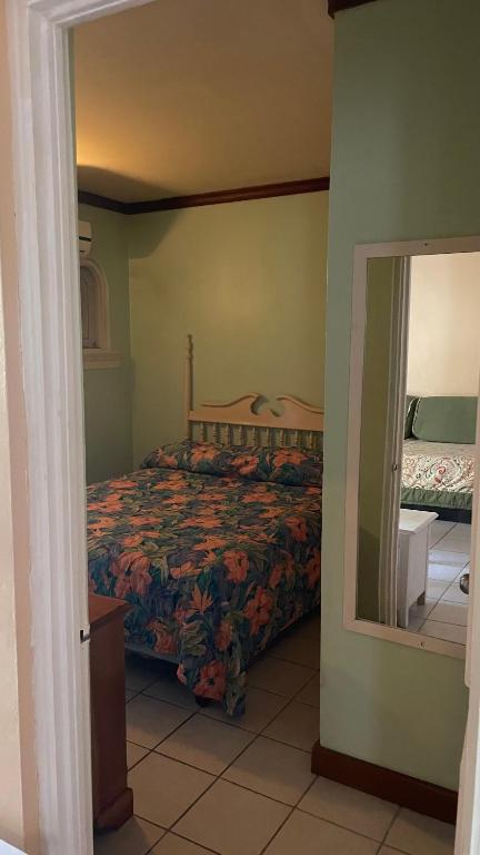 尼格瑞尔Ya mon inn的一间卧室配有一张床和镜子