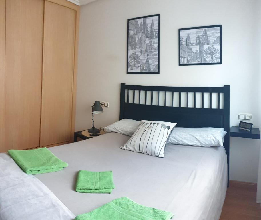 奥维多Apartamento "Los Prados" wifi y parking的一间卧室配有一张带两张绿毛巾的床