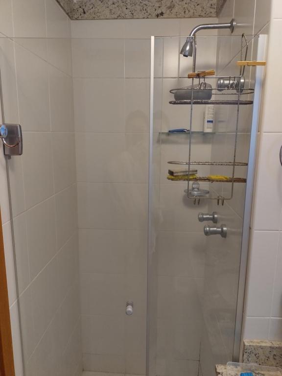 里约热内卢Apato Recreio的带淋浴的浴室和玻璃门