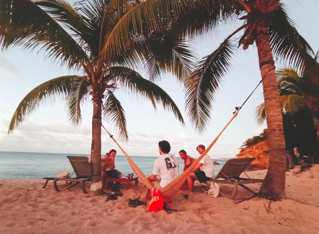 Five Islands VillageBeachfront Acqua Villa的一群人坐在海滩上的吊床上