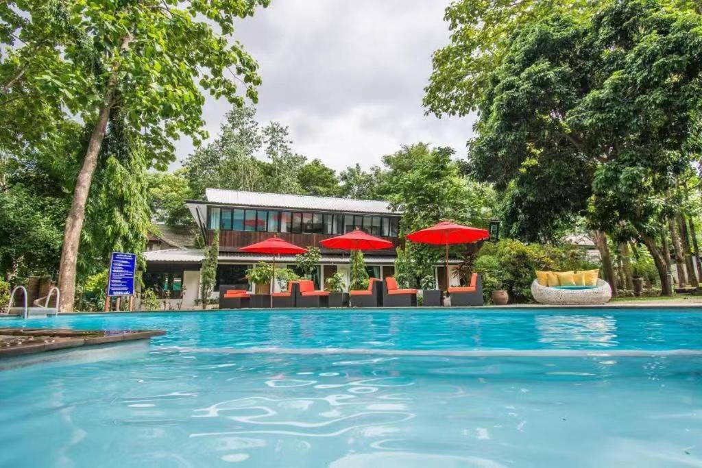 清迈清迈首驿多康度假酒店的一个带椅子和红色遮阳伞的游泳池
