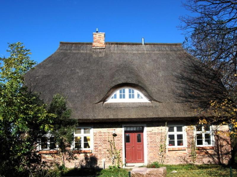 PutgartenFerienwohnung Rügen in Putgarten的一座带红色门的黑色屋顶的房子
