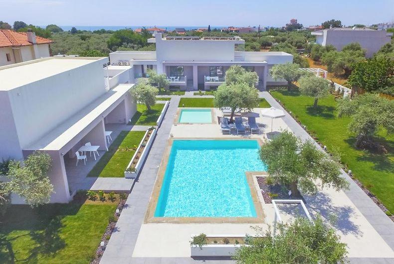 波托什Thassos OLIVIA RESORT的享有带游泳池的房屋的空中景致