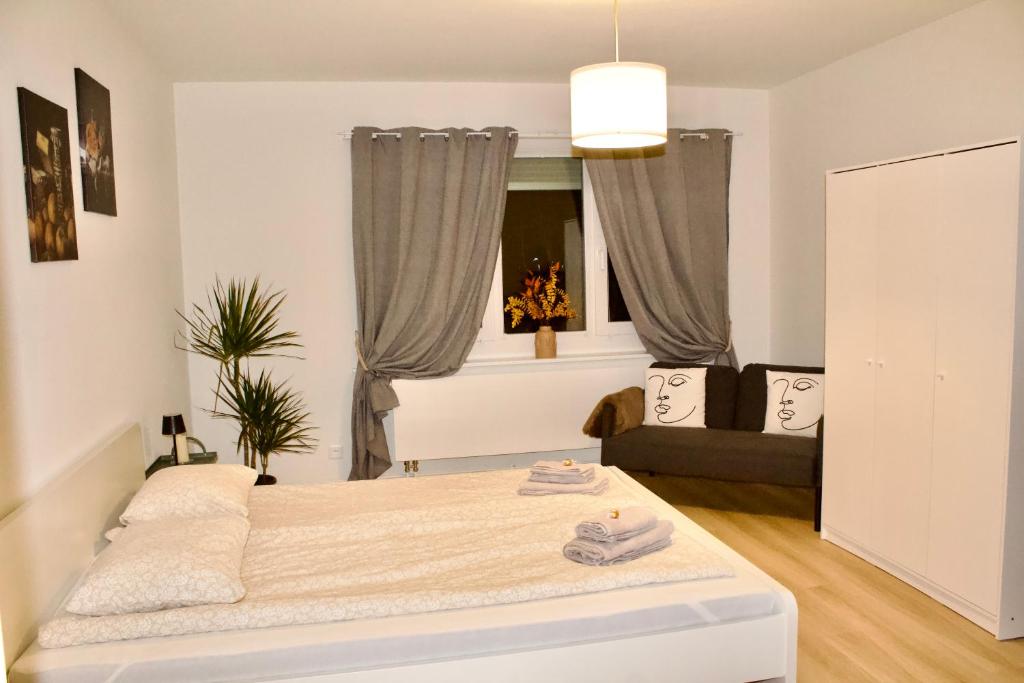 苏黎世Apartments zum Bühlhof (Julie)的白色卧室配有床和沙发