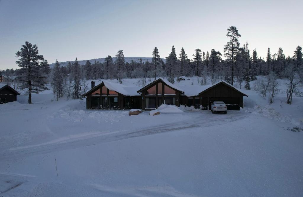 LjørdalLuxurious Mountain Lodge的雪中的房子,前面有停车位