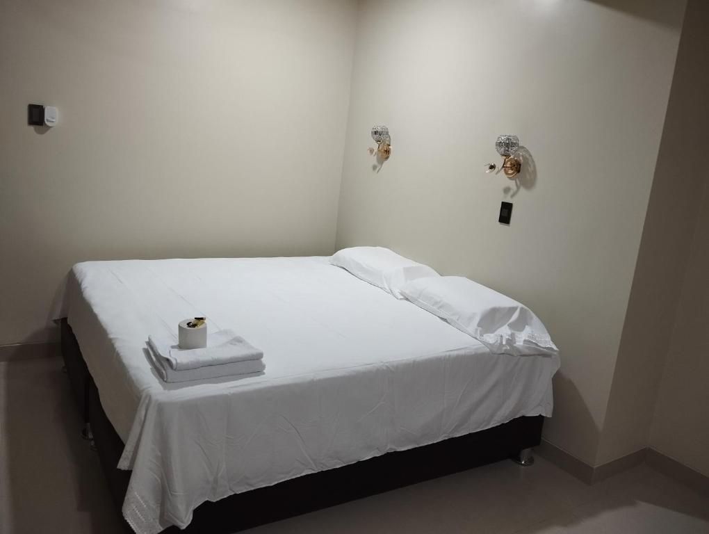 哈恩Hotel Amazon deluxe的一张带两条毛巾的白色床和蜡烛