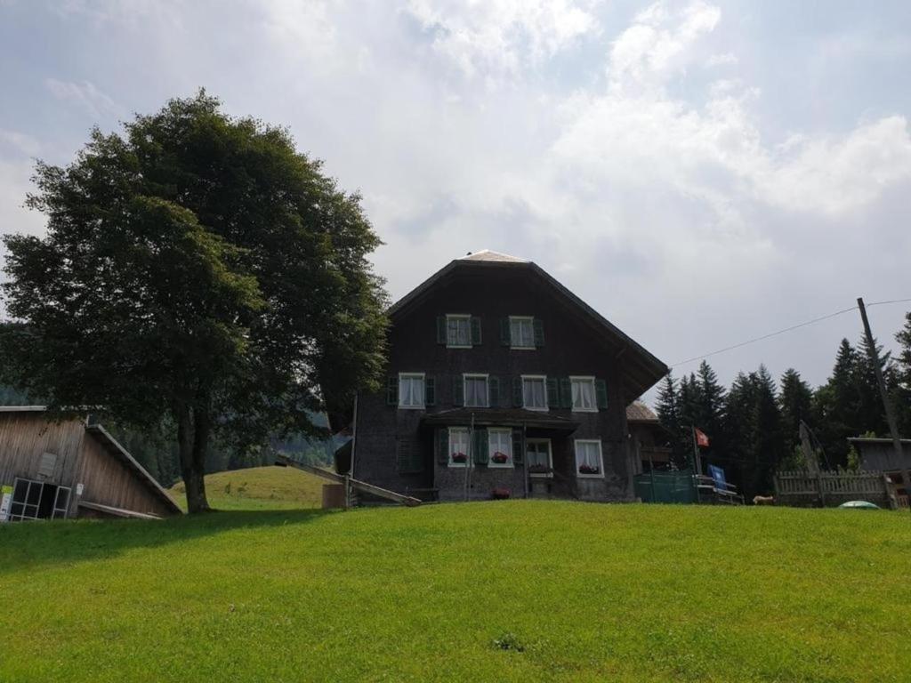 SchwarzenbergBio-Hof Brudersrüti - b48563的坐落在郁郁葱葱的绿色田野上的大型房屋