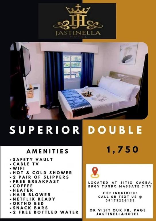 MatungaoJastinella Hotel的一张带一张床铺和一张海报的酒店客房的传单