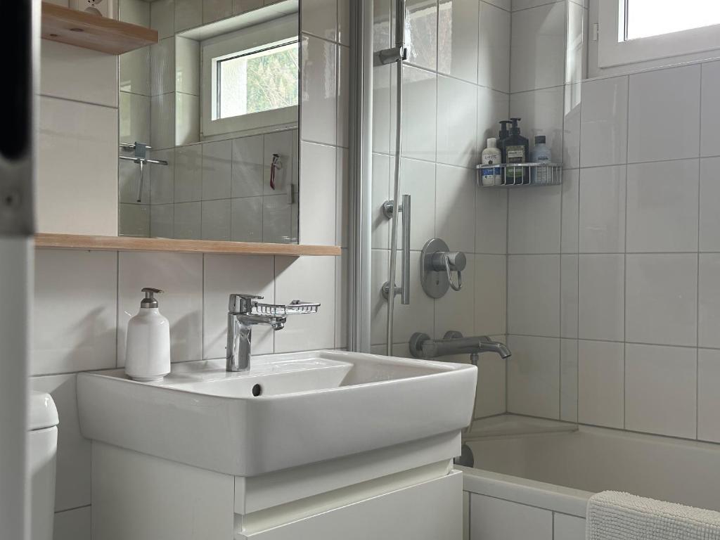 施库尔Chasa Stefania mit rundum Bergblick und Garten的白色的浴室设有水槽和淋浴。