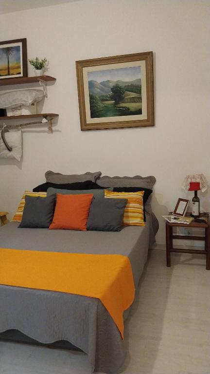 彼得罗波利斯Apartamento aconchegante em Petrópolis的一间卧室配有一张壁画床