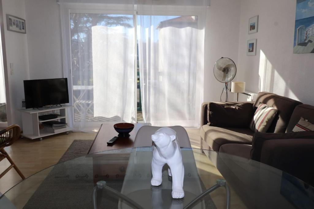 康博莱班BOKATEA的客厅,玻璃桌上摆放着狗雕像