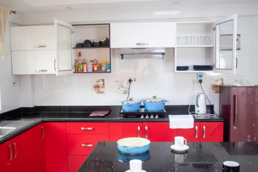 内罗毕4bedroom westlands raphta Nairobi的厨房配有红色橱柜和柜台上的蓝色碗