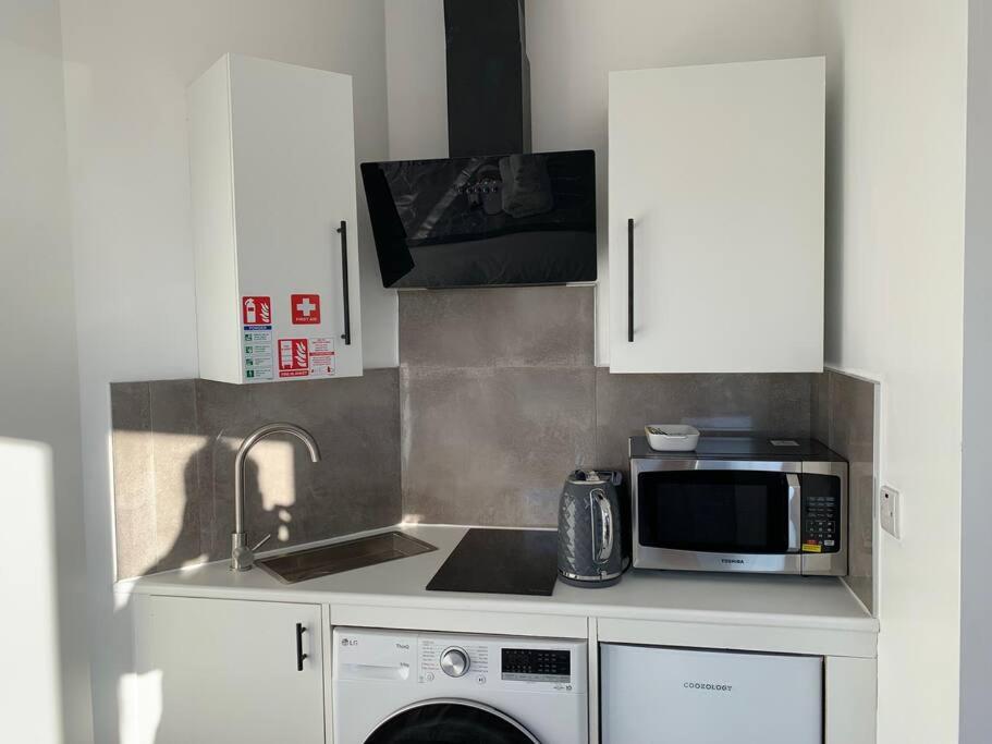CarshaltonAnnex B, a Studio flat in London的厨房配有水槽和微波炉