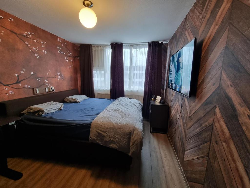 阿姆斯特丹500-Mb Hi-Tech Silent Work-Home的一间卧室配有一张床,墙上配有电视