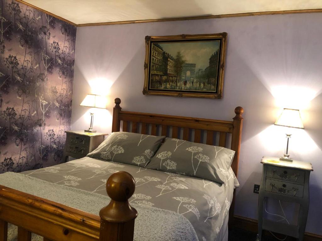 奥特利Otley town centre apartment的一间卧室配有一张床、两个床头柜和两盏灯。