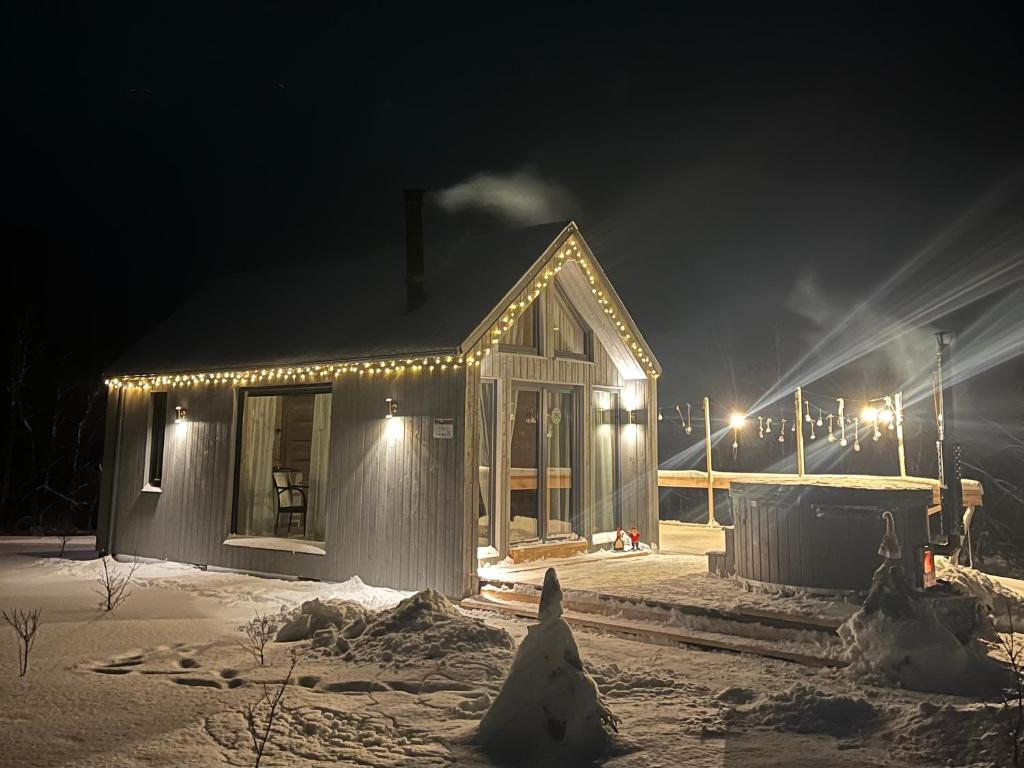 Smiltsērkšķu namiņš的夜晚雪中被灯光覆盖的房子