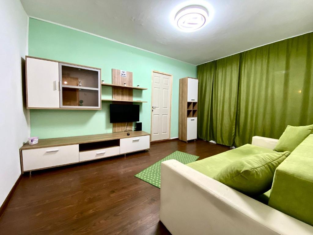 普洛耶什蒂Twins Apartments 2的带沙发和绿色墙壁的客厅