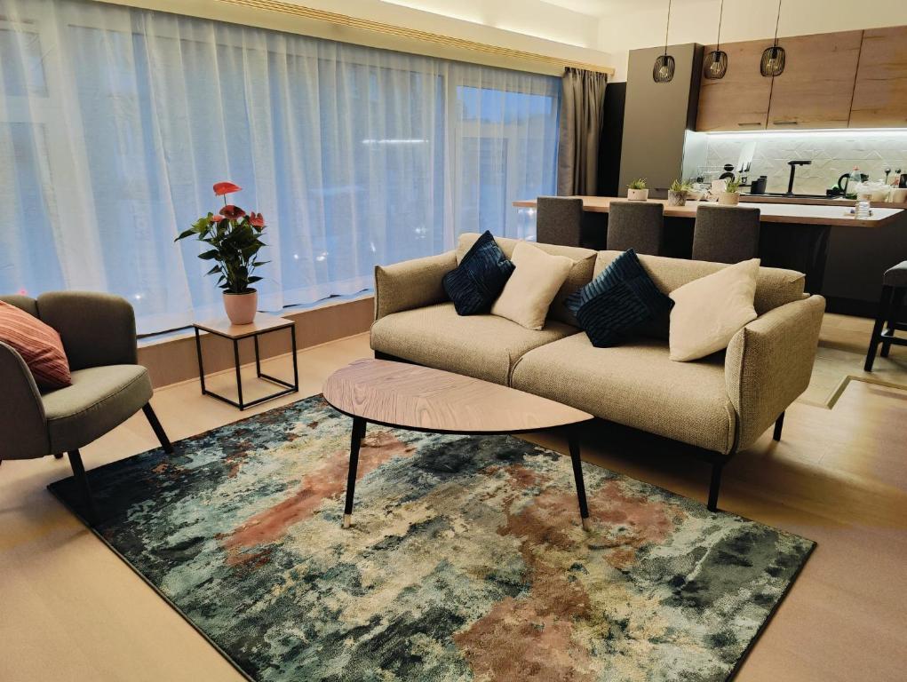 布鲁塞尔Bright & Cozy Appartment in Brussels的带沙发和地毯的客厅