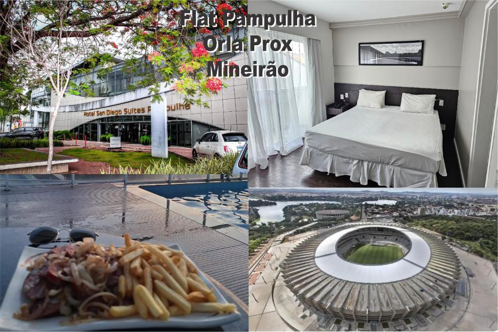 贝洛奥里藏特Flat Pampulha orla prox Mineirão的一张照片,上面有酒店房间的照片,还有一张床和食物