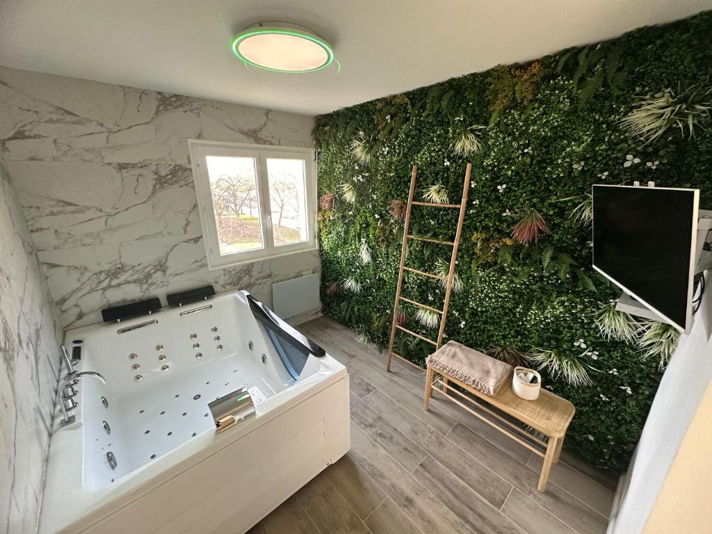 奥贝奈MarbleMood Spa的带浴缸的绿色墙壁客房