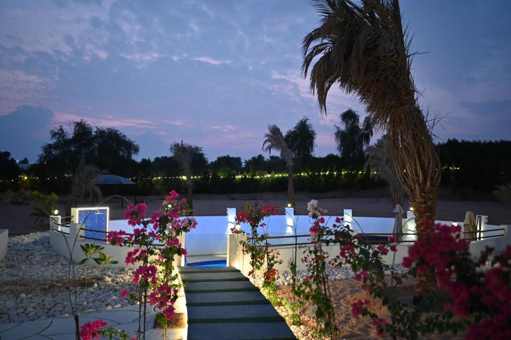 MezairaaDamas Resort的一条有鲜花和棕榈树的小径,靠近水体