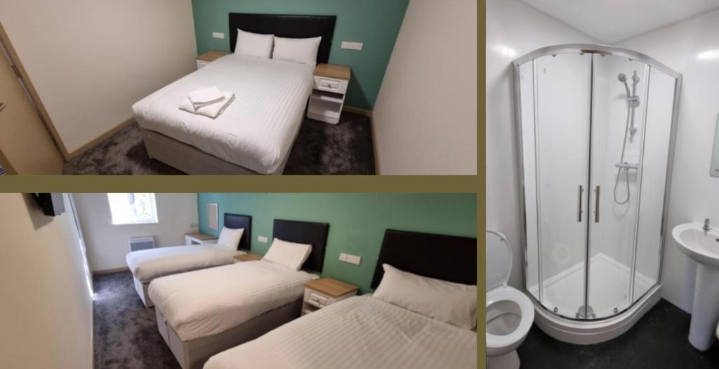 伯明翰The Cotteridge Inn的两张图片的酒店客房 - 带两张床和淋浴