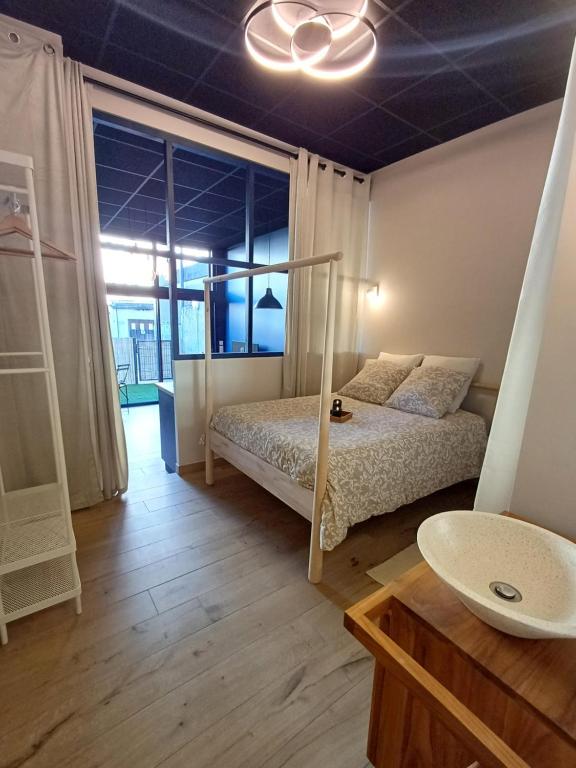 圣洛Ô Valvi : loft avec balnéo, terrasse et parking的一间卧室配有床和水槽