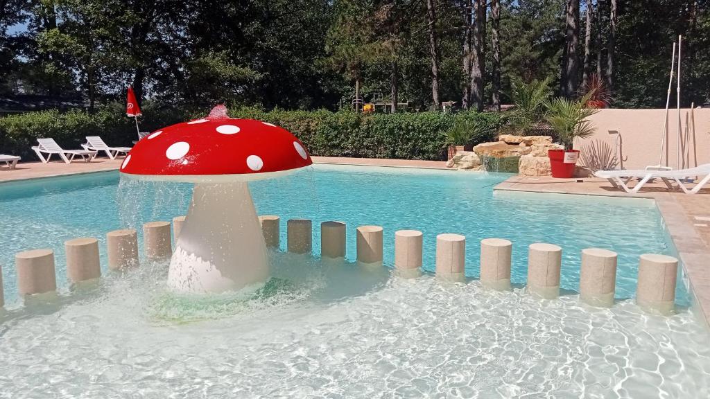 瓦纳斯Camping Parc Saint Sauvayre的池边的水中红白蘑菇