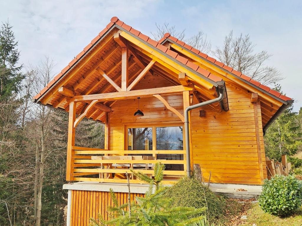 卡姆尼克Ica - hišica v hribih的小型小木屋,设有倾斜的屋顶