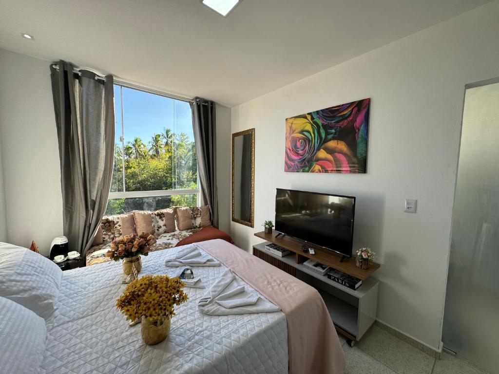 马拉戈日Pousada Hércules Beach Paradise的一间卧室配有一张床和一台平面电视