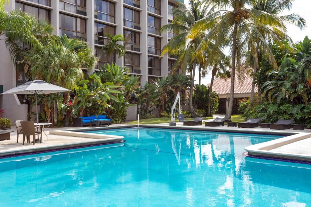 西棕榈滩88 Palms Hotel & Event Center的棕榈树酒店前的游泳池