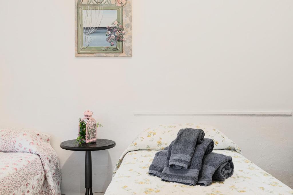 德瓦玛丽娜Dal pozzo appartamento的坐在房间床上的一条毛巾