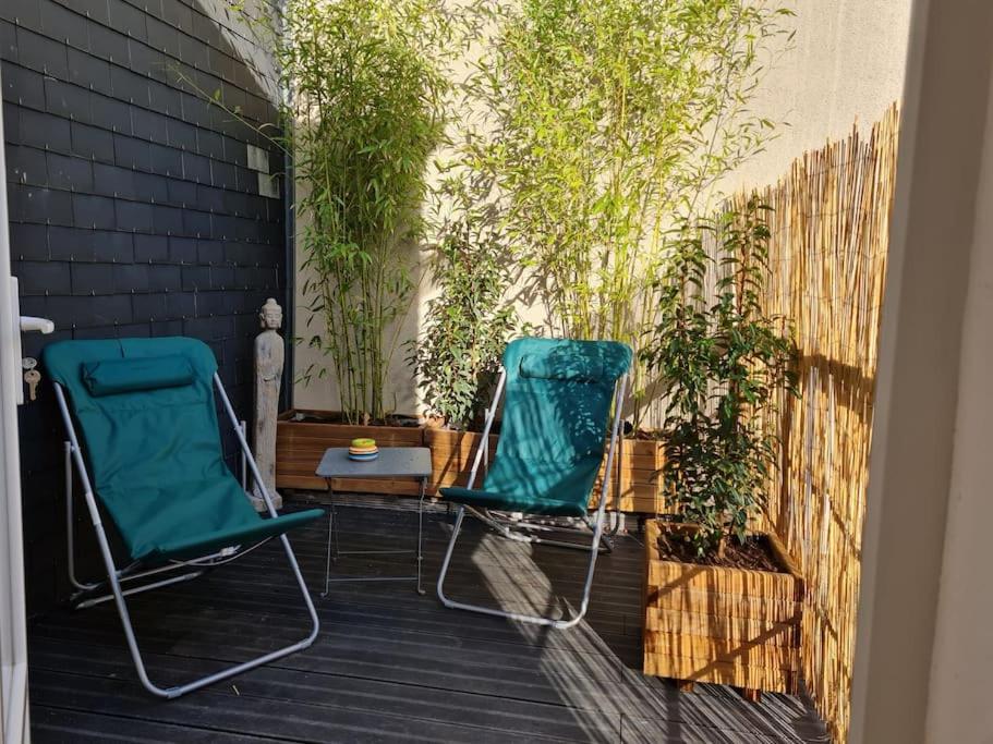 图尔昆Bel appartement 3 suites privatives hyper centre的两把椅子坐在种有植物的庭院里
