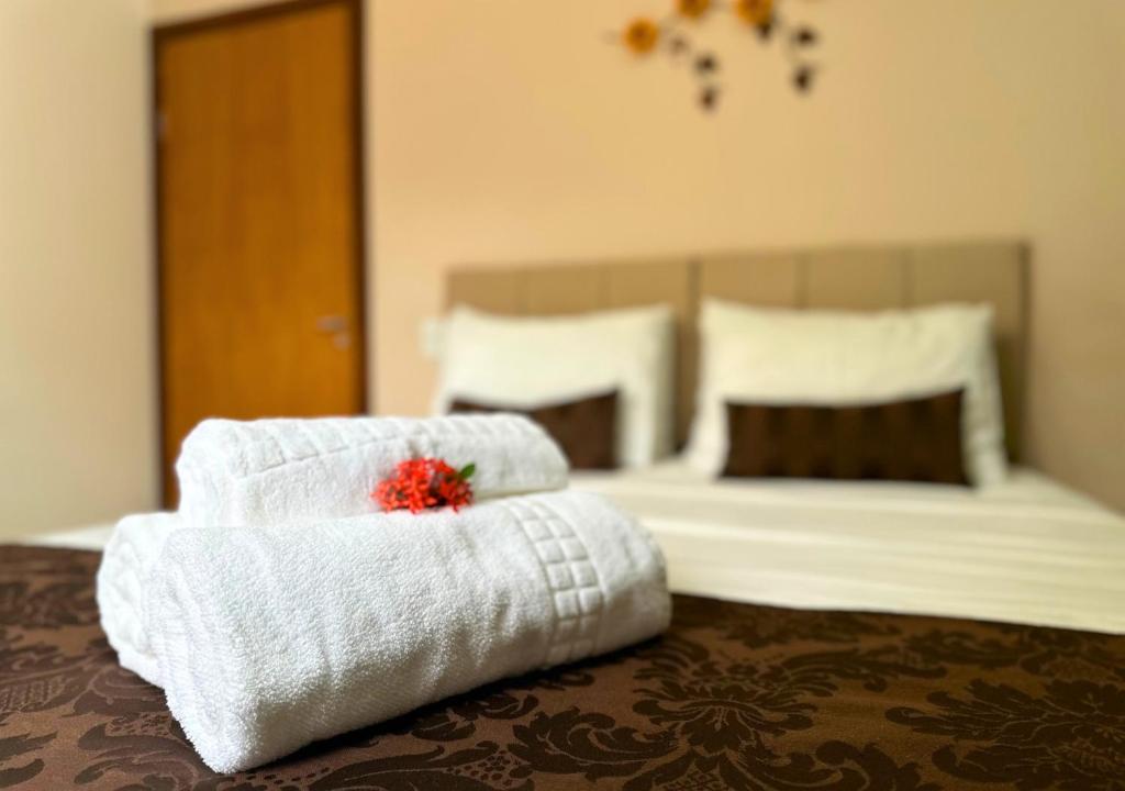 卡皮托利乌Shalom Pousada Capitólio的酒店客房 - 带毛巾和床
