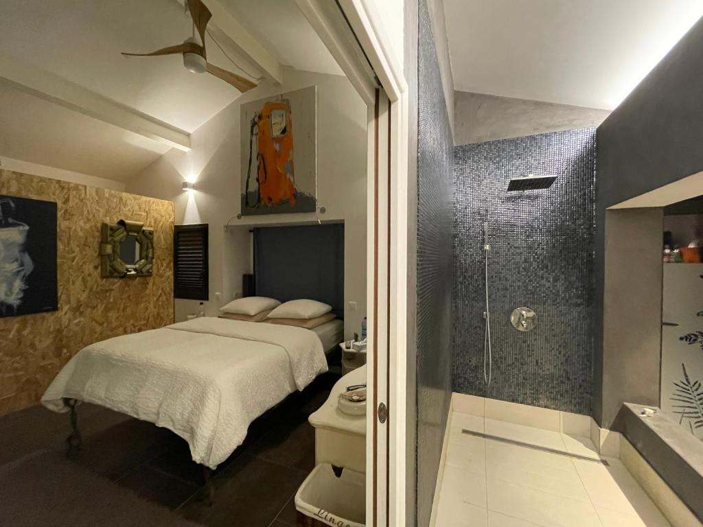 马恩河畔诺让Villa Victorine的一间卧室配有一张床,浴室设有淋浴。