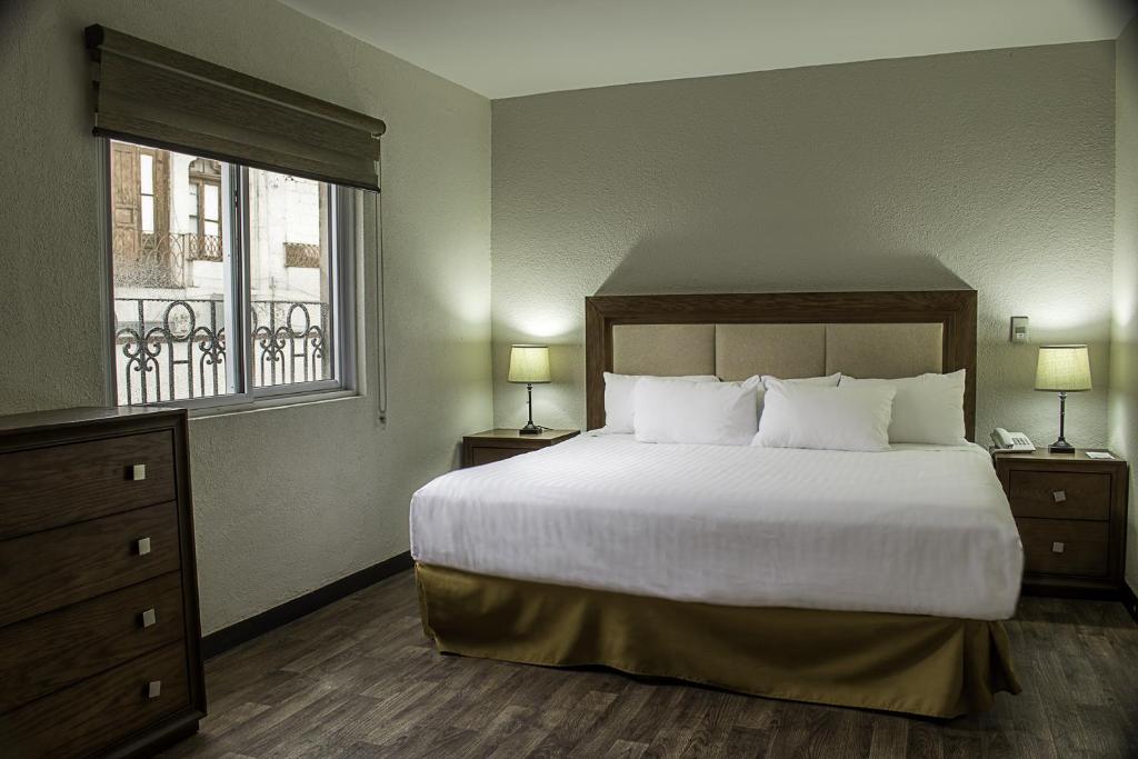 伊达尔戈德尔帕拉尔Hotel Adriana的一间卧室设有一张大床和一个窗户。