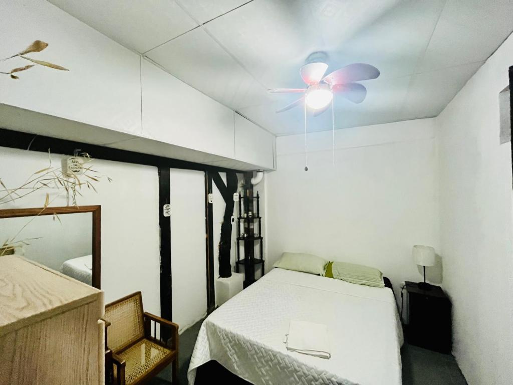 康塞普西翁德阿塔科Entre tejas的一间卧室配有一张床和吊扇