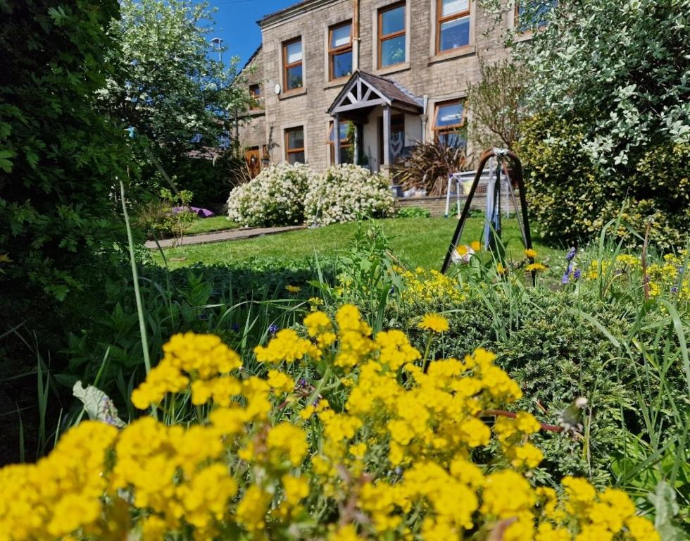 Mossleythe lodge@ beechwood house的一座花园,在一座建筑前种有黄色花卉