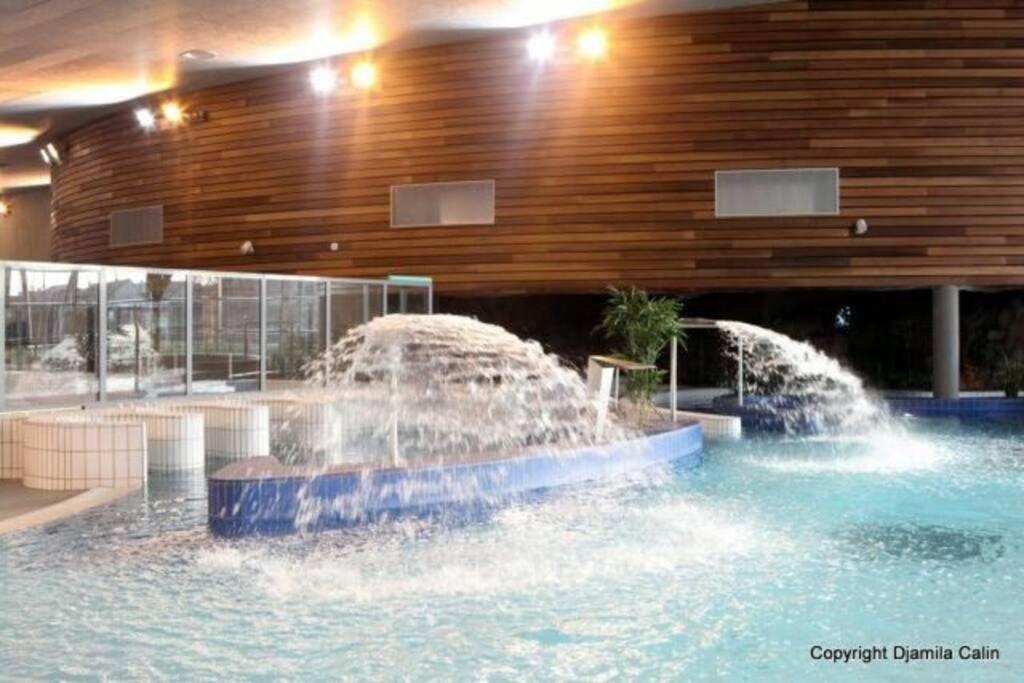 阿蒂斯蒙斯F4 - Duplex spacieux proche d'Orly的建筑物游泳池里两个喷泉
