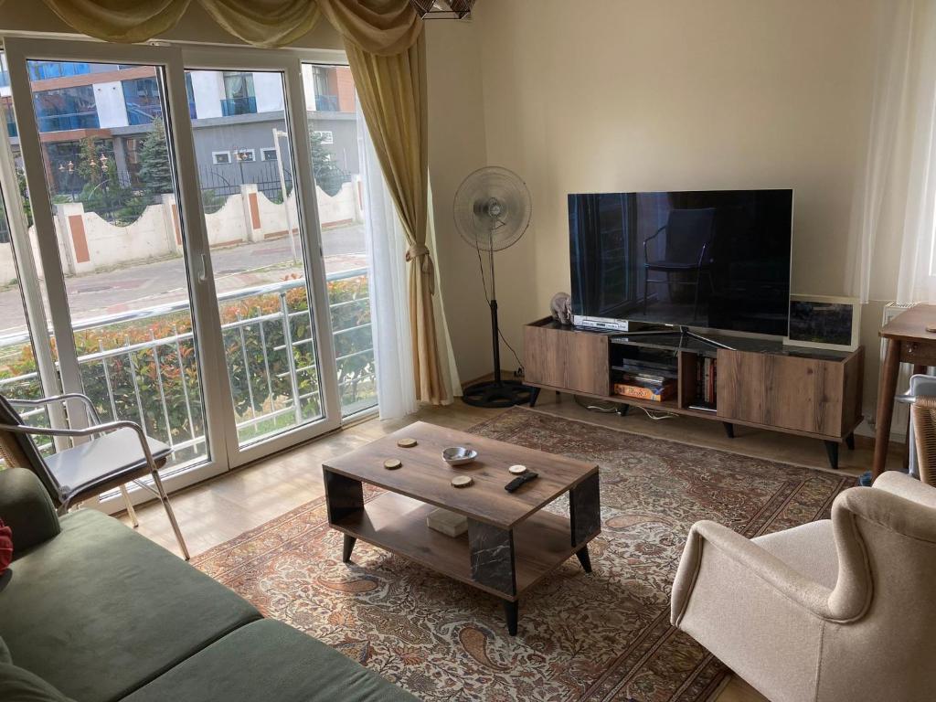 乔尔卢Cozy Apartment in a Popular Neighborhood的带沙发、电视和桌子的客厅