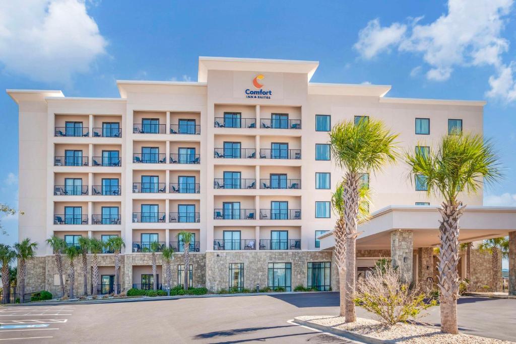 格尔夫海岸Comfort Inn & Suites Gulf Shores East Beach near Gulf State Park的享有棕榈树酒店外部的景色