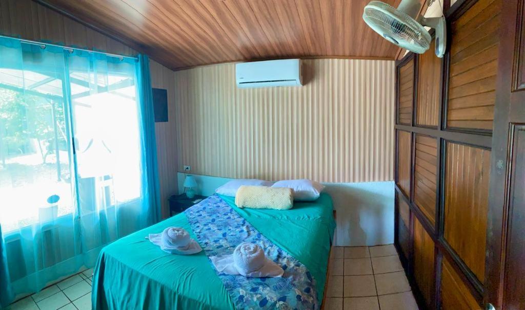 福尔图纳Cabaña que Tuanis的一间卧室配有一张带绿毯的床和窗户。
