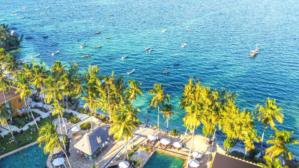 乌罗阿Zanzibar Bay Resort & Spa的享有棕榈树海滩和大海的空中景致