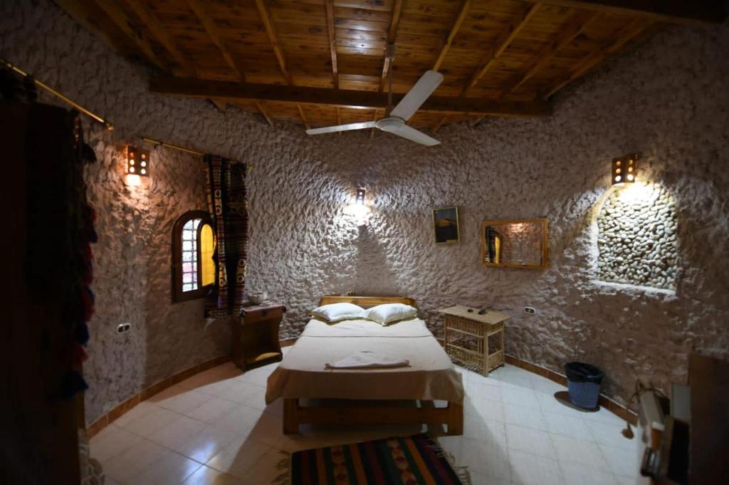 锡瓦Dream Lodge Siwa دريم لودج سيوة的一间卧室配有一张床和吊扇