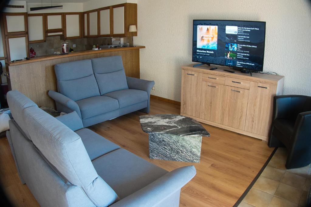 韦尔比耶Verbier Appartement Andrea的带沙发和平面电视的客厅