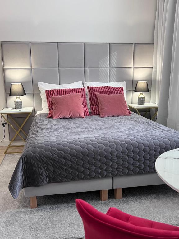 华沙Apartamenty Pokoje Willa Bielany的一间卧室配有一张带红色枕头的大床