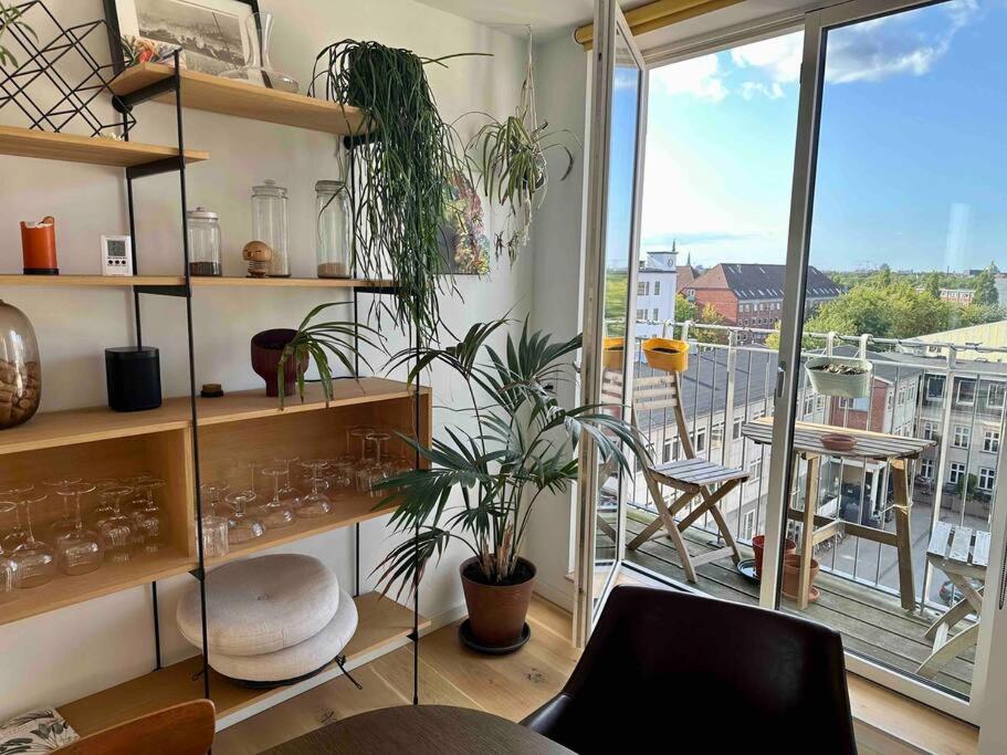 哥本哈根Penthouse: Copenhagen delight的一间设有植物架和阳台的房间