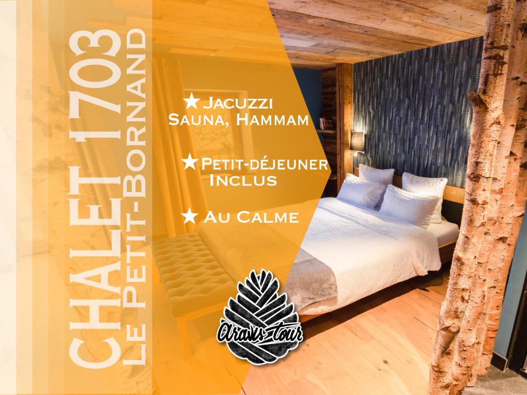 Le Petit-Bornand-lès-GlièresChalet 1703 - Open Living Hotel & Spa的一张酒店客房的标志,带一张床