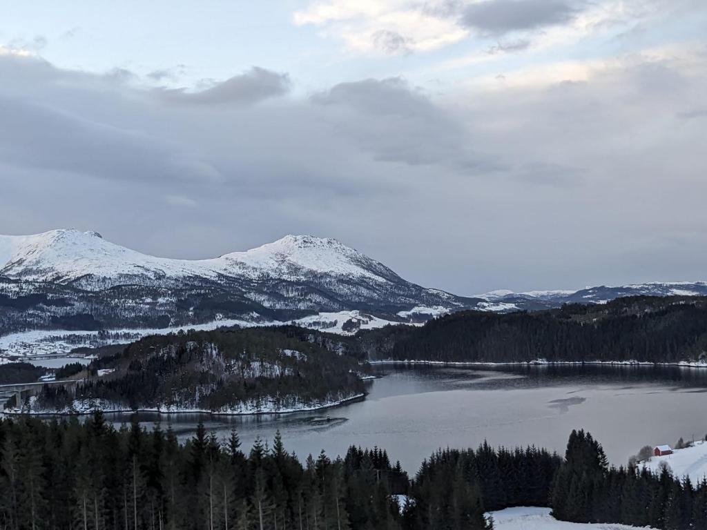 ValsøybotnOvernatting Rodal的享有带雪盖山脉的湖泊美景